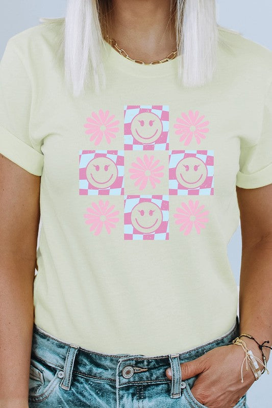 Pastel Checkered Flower Lashes Smiley Graphic Tee