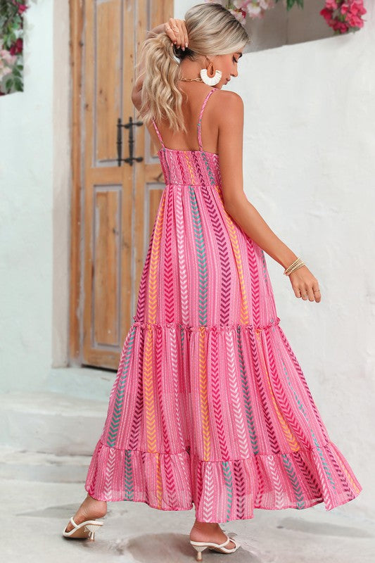 Pink Tribal Tassel Tie V Neck Surplice Maxi Dress