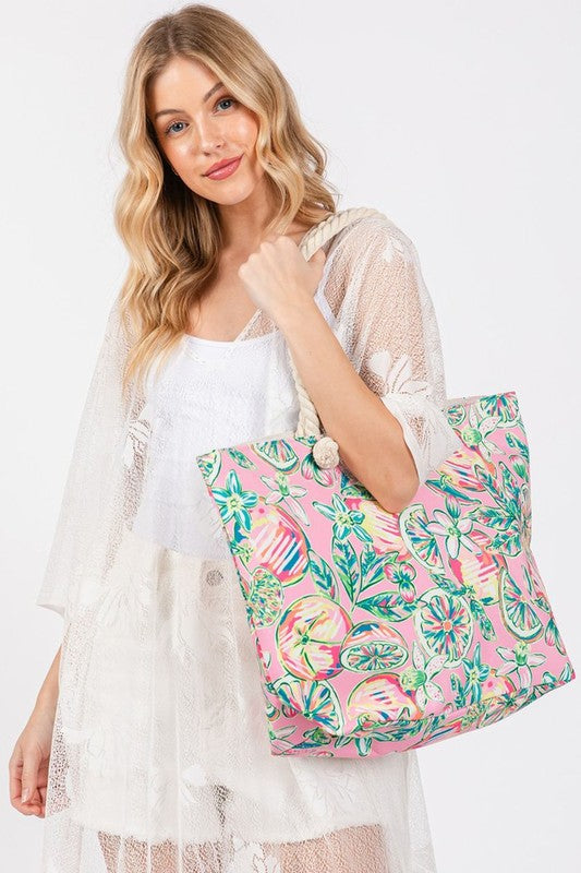 Fruit and Flower Print Tote Bag