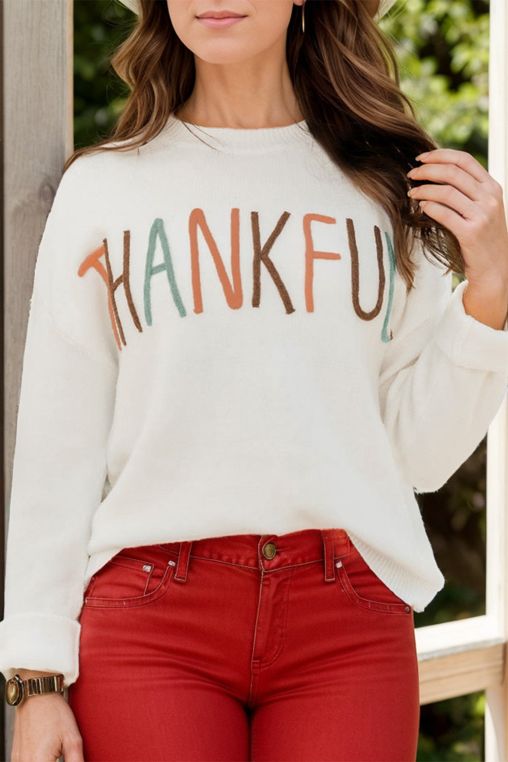 THANKFUL Round Neck Long Sleeve Knit Top