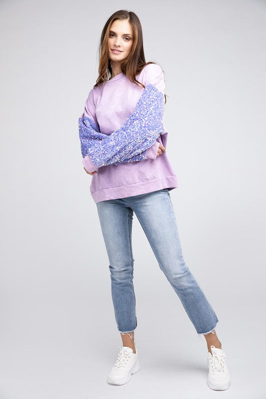 Velvet Sequin Sleeve Mineral Washed Top