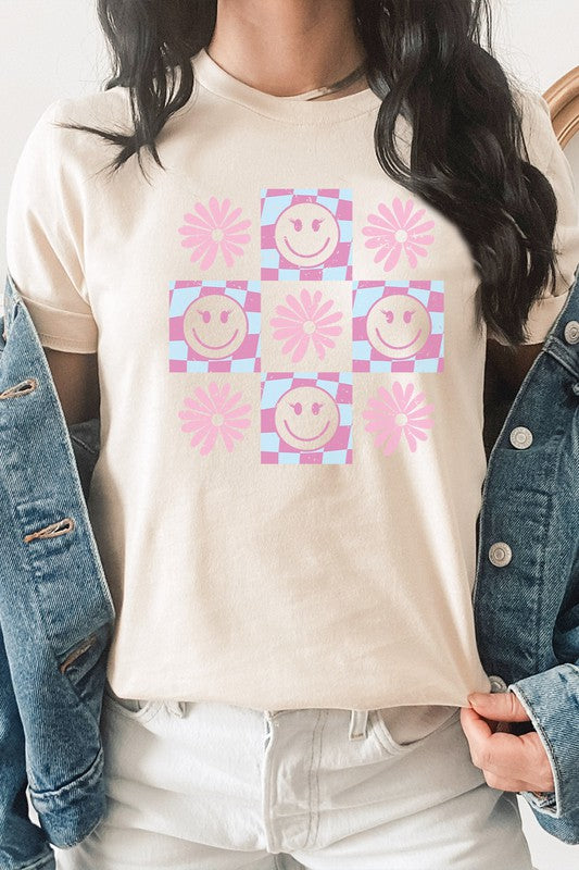 Pastel Checkered Flower Lashes Smiley Graphic Tee