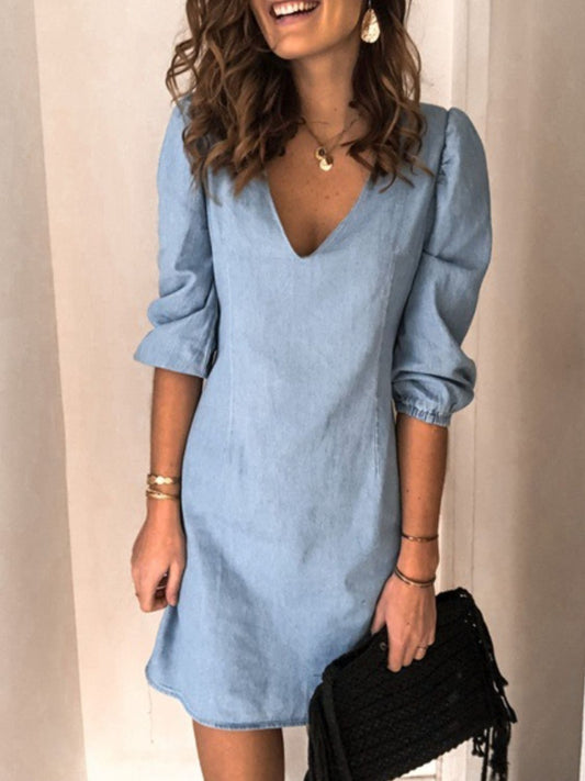 Full Size V-Neck Half Sleeve Denim Dress