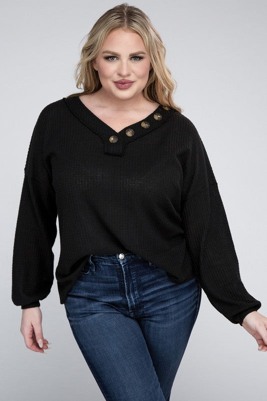 Plus Brushed Waffle V-Neck Button Detail Sweater