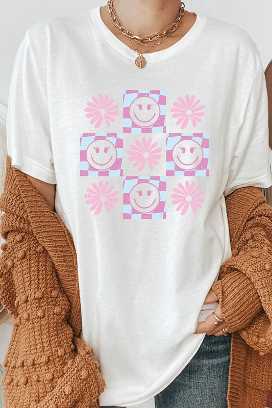 Pastel Checkered Flower Lashes Smiley Graphic Tee