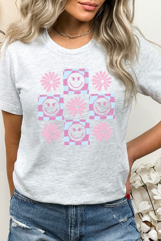 Pastel Checkered Flower Lashes Smiley Graphic Tee