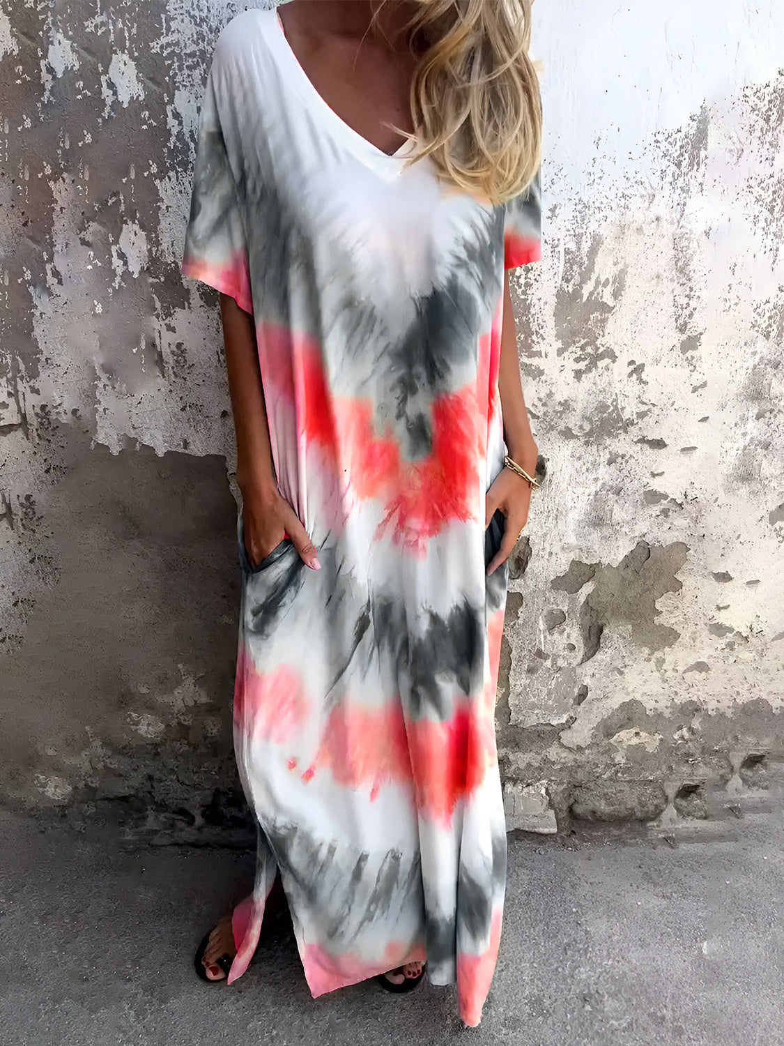 Full Size Pocketed Tie-Dye Short Sleeve Dress