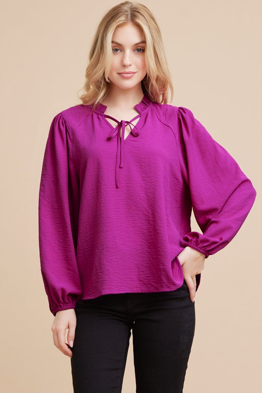 Plus Solid Frilled Tie Neck Top