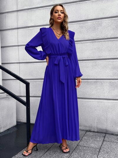 Pleated Surplice Tie Waist Maxi Dress